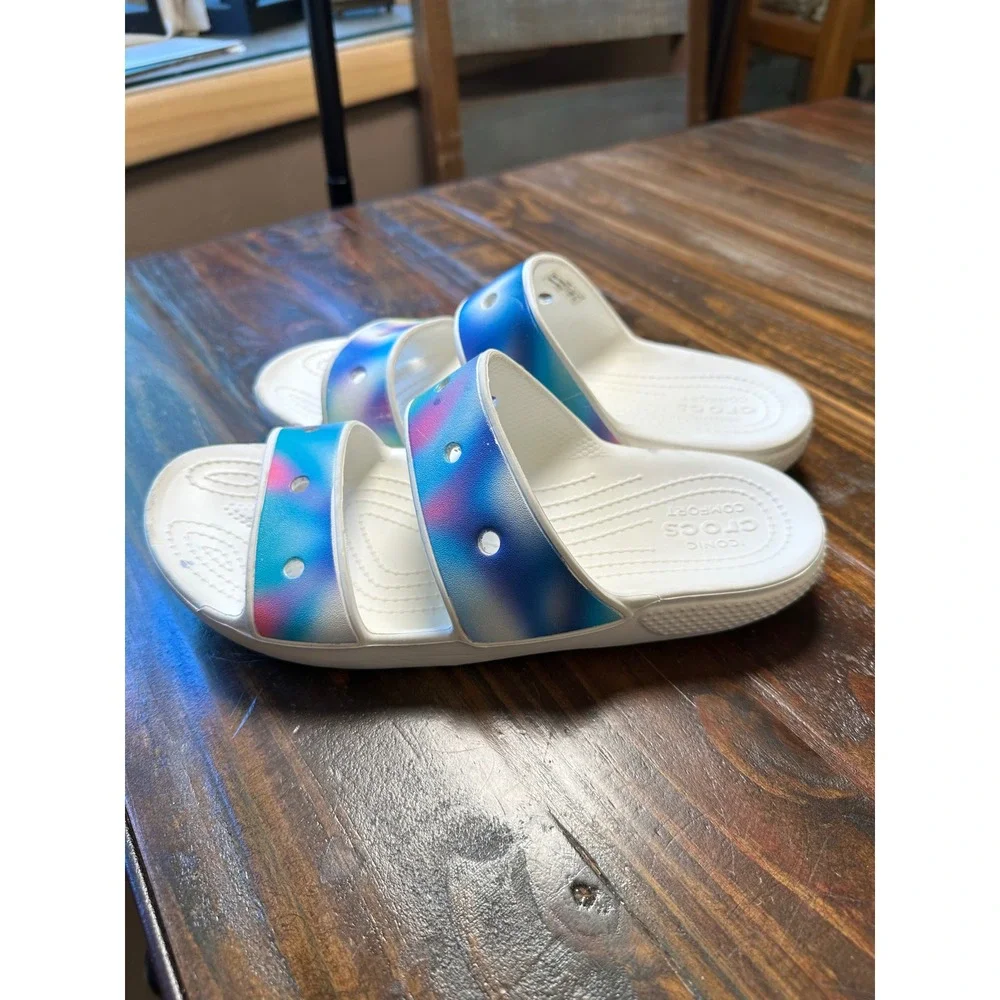 Crocs Classic Sandal White Multi Solarized Spray Two Strap Slide Men 7 Women 9 - Picture 4 of 10